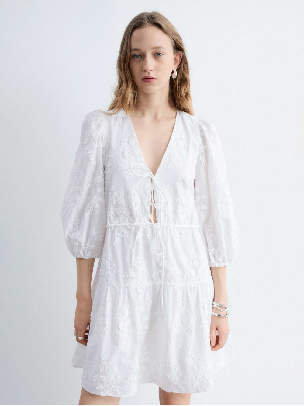 & Other Stories White Cotton Embroidered Floral V-Neck Tie Mini Dress 12